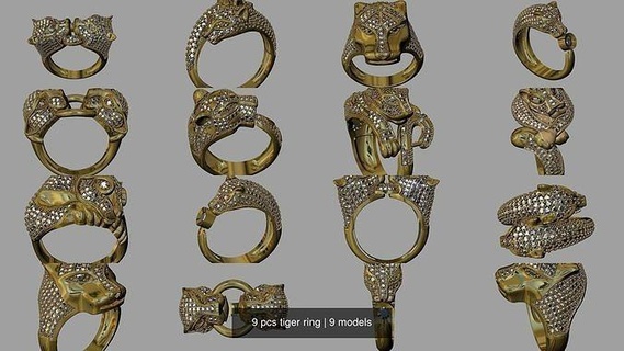 9 pcs tigre bague argent anneaux or bijou bijoux Lion imprimable diamant gemme 3d print model - Mito3D
