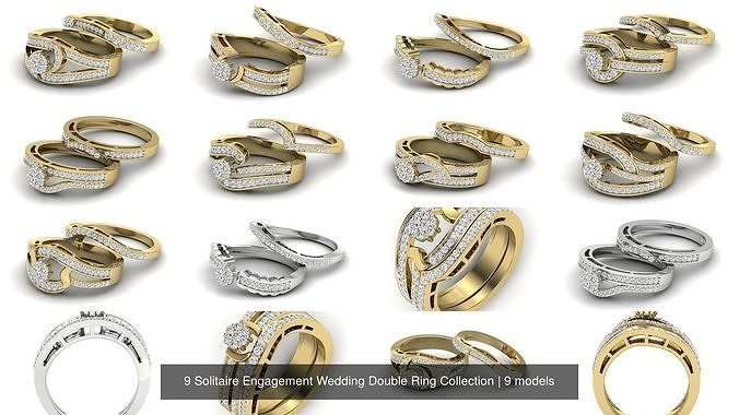 9 solitaire engagement mariage double bague collection diamant anneaux bijoux or gemme brillant platine mariée imprimable précieux mode 3D print model - Mito3D
