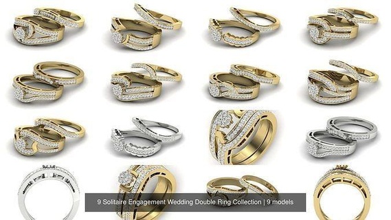 9 solitaire engagement mariage double bague collection diamant anneaux bijoux or gemme brillant platine mariée imprimable précieux mode 3d print model - Mito3D