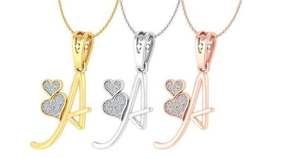 alphabet - diamond charms pendant 3dm stl render detail double heart printable necklace wedding ultra light wt jewel jewellery gold initials pendants jewelry alphabets 3d print model - Mito3D