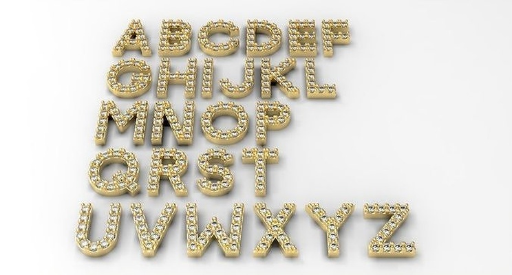 alphabet pavé lettres gemme cire réglage bijoux initiales police caractère texte diamant pierres précieuses moule bracelet bague pendentif charme imprimable lettre 3d print model - Mito3D