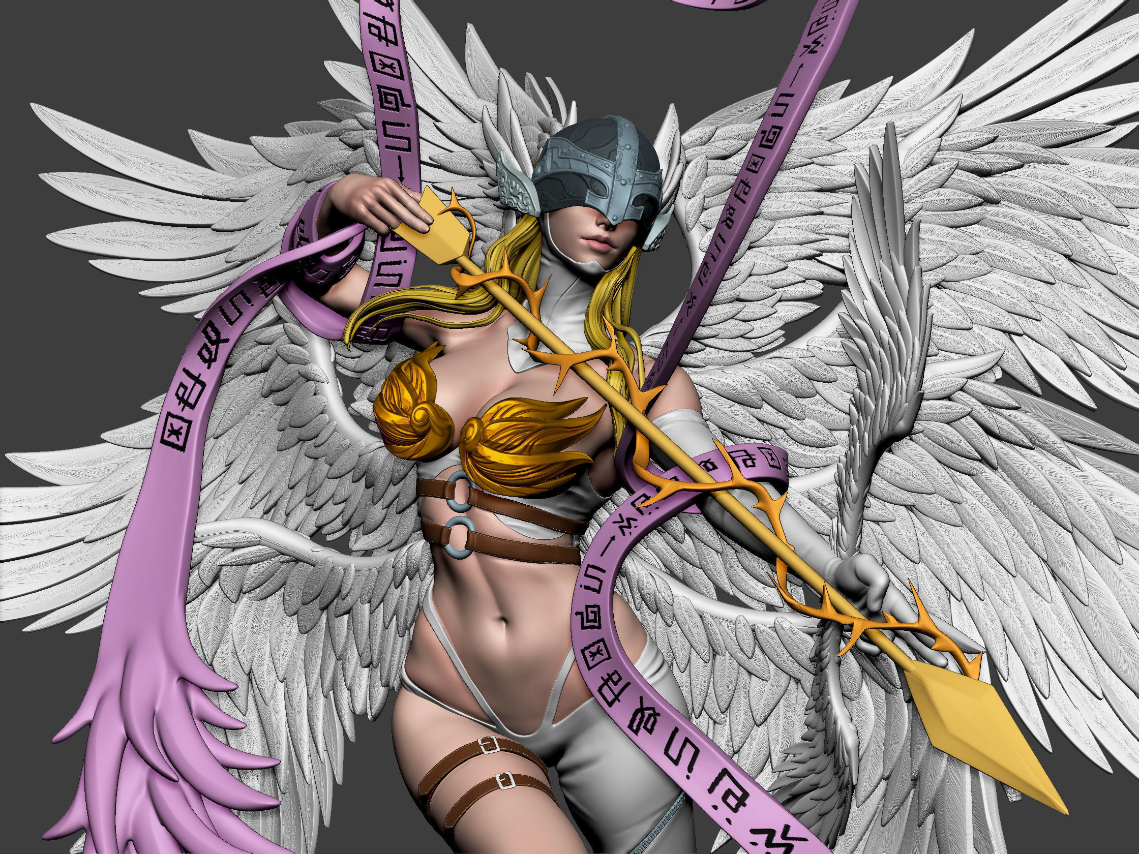 angewomon digimon skulptur frau körper bogenschütze flügel engel liebe pfeil amor valentinstag langbogen kunst illustration charakter fantasie spiele spielzeuge 3D print model - Mito3D