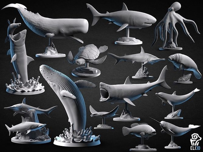 Tier bündeln Ozean Tierwelt Tiere Zahl Figur Hai Schildkröte Wal Tintenfisch Buckel Hammerkopf Seekuh Strahl Pottwal Fisch Krake Delfin Kunst Skulpturen 3D print model - Mito3D