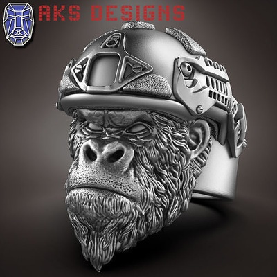 tier ring schmuck armee soldat guerilla v1 juwel biker fahrer punk helm krieger bewaffnet kommando pilot marine söldner affe schimpanse ringe 3d print model - Mito3D