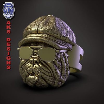 tier ring schmuck gangster bulldogge ausführung 2 juwel biker fahrer punk ringe helm wütend deckel irisch hut zigarre zigarette rauchen brille sonne hund schädel 3d print model - Mito3D