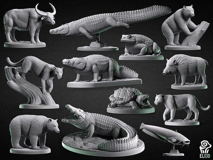 animais pântano selvagens animal figura estatueta crocodilo jacaré sapo rã tartaruga pantera leão urso pardo javali búfalo peixe gato arte esculturas 3d print model - Mito3D