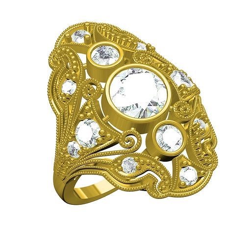 antique art deco filigree engagement ring gold jewelry gem silver 3d cad design customize diamond wedding fashion printable yellow sterling rings 3D print model - Mito3D
