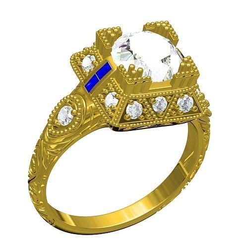 antique art deco sapphire diamond engagement ring jewelry gold printable jewel gem platinum 3d cad design customize sith wedding rings 3D print model - Mito3D