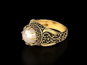 antique floral carving signet pearl ring gold silver jewellery jewelry wedding gem engagement anceint men women fashion filigree carved turkish rings 3d print model - Mito3D