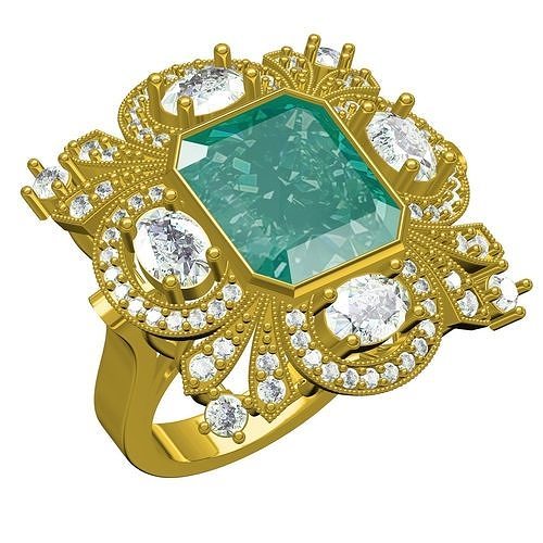 antique émeraude art déco bague diamant or argent bijoux bijou gemme 3d goujat imprimable conception Personnaliser mode anneaux 3D print model - Mito3D
