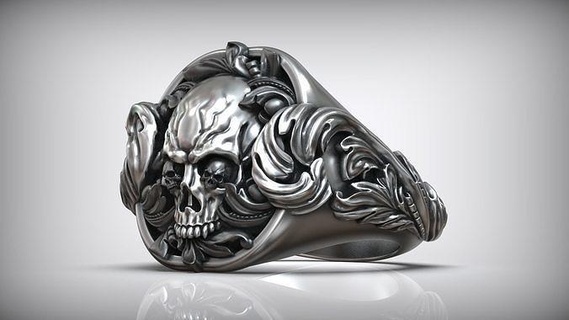 antique gothic skull head ring vintage victorian rococo baroque floral pattern printable art deco signet men silver bronze jewelry rings 3d print model - Mito3D