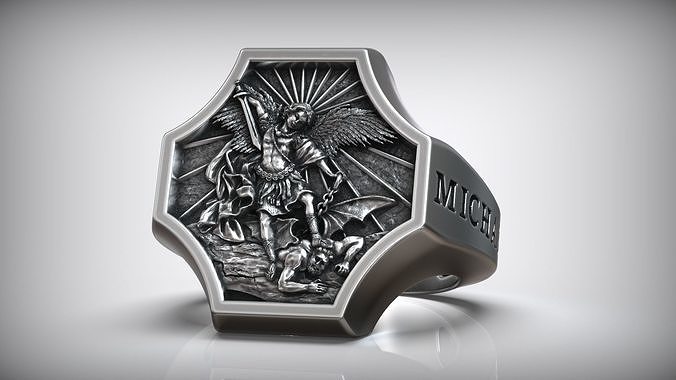 archange michael défaite satan bas relief hommes bague sculpture st saint catholique ange religion lucifer sceau épée ailes antique christian traverser art imprimable seigneur bijoux anneaux 3D print model - Mito3D