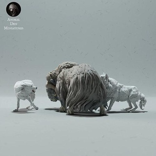 ártico lobos caçando boi almiscarado animal lobo selvagem animais selvagens criatura realista escultura estatueta figura miniatura inverno cão tundra neve branco ox bois arte esculturas 3d print model - Mito3D
