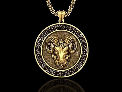 Áries zodíaco placa RAM medalhão pingente v2 símbolo ovelha ouro prata joalheria jóias escudo homens mulheres animal bode Virgem Escorpião astrológico pingentes 3d print model - Mito3D