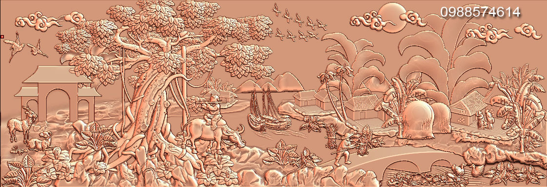 mural landscape wood carving file stl obj ztl cnc chinese sculpture sculptured asian country painting art modern 3D print model - Mito3D