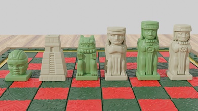 aztec olmec chess pieces board blender game art sculpture printable knight deco statue poly competition queen victory games toys 3d print model - Mito3D