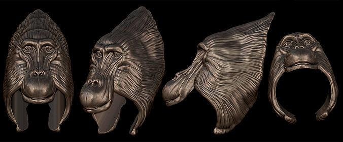babuino anillo joyería joya 1from10collection colección etiqueta escultura fauna silvestre espíritu animal imprimible salvaje plata anillos coleccionable Arte 3d print model - Mito3D