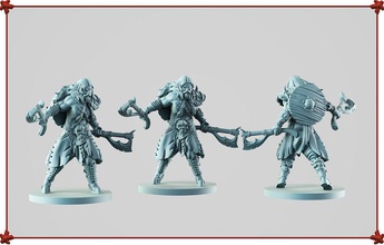barbarian three figurines of woman holding sword viking fantasy warrior knight axe bladed weapon norse saxon crusader berserk norman boardgame miniature tabletop mini board games toys 3d print model - Mito3D