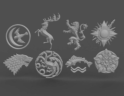 bas-reliefs coats arms houses game thrones game thrones bas reliefs throne game thrones dragon house arryn baratheon lannister martell stark targarien tully tyrell jewelry pendants  3d print model - Mito3D