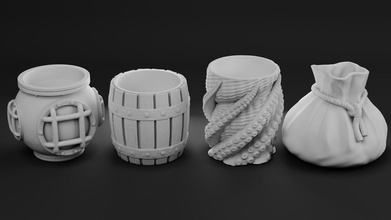 batch one cups collection 3d print printing printable cup wooden barrel diving helmet tentacle gold pouch kitchen houseware shot house dining 3d print model - Mito3D