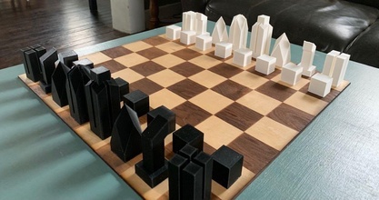 bauhaus inspiré minimaliste moderne échecs ensemble stratégie jeu chevalier reine évêque pion tour roi travail équipe logique jeux jouets planche 3d print model - Mito3D