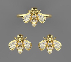 bee earrings ring jewelry wasp fly insect pouceta female gold diamond silver kit set honey 3d print model - Mito3D