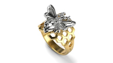bee ring 15 sizes hive jewelry printable gold yellow white enamel rings silver honey honeycomb 3d print model - Mito3D