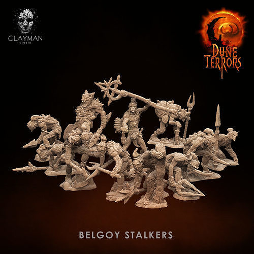 belgoy perseguidores 32mm 75mm clayman dnd fantasia negra darksun deserto caçador xamã lança belga miniatura jogos brinquedos borda 3D print model - Mito3D