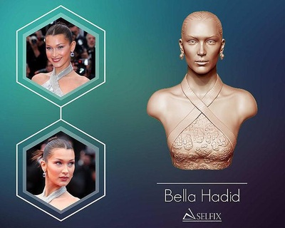 Bella hadid portrait sculpture art statue femme mode cheveux or corps robe encadrement sculptures 3d print model - Mito3D