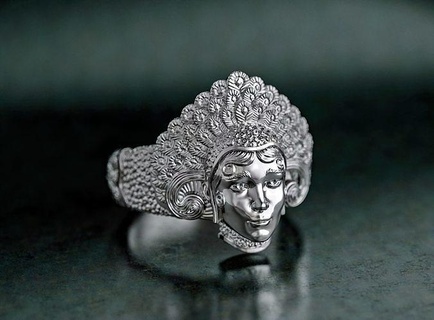 benda theatrical female mask ring jewelry art silver printable gold woman face theatre sterling jewellery sculpture girl lady actress feathers rings 3d print model - Mito3D