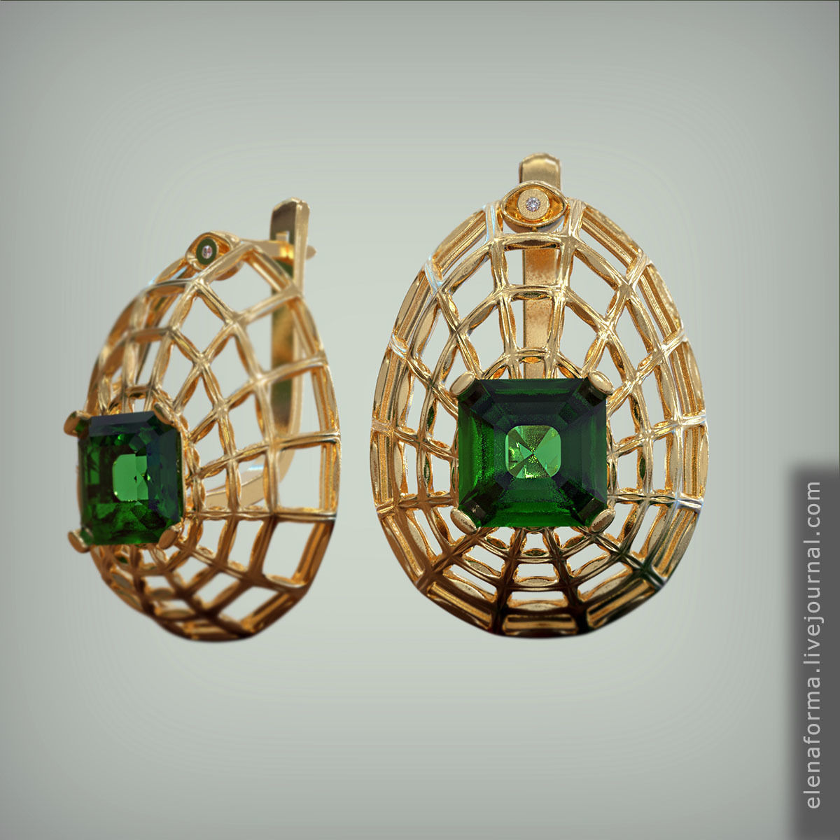 big web earrings square emerald rounded diamond video jewelry mesh net cells 3d printable model gem eye egg spider large organic 3D print model - Mito3D