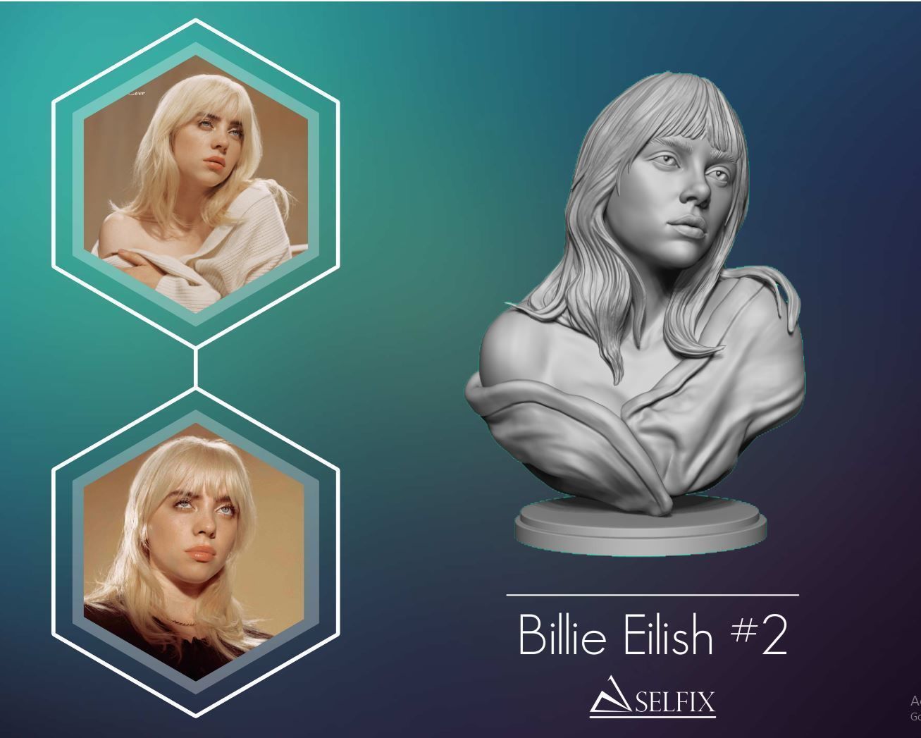 billie eilish ritratto scultura 2 arte moda statua donna capelli figurina cantante vestito sculture 3D print model - Mito3D