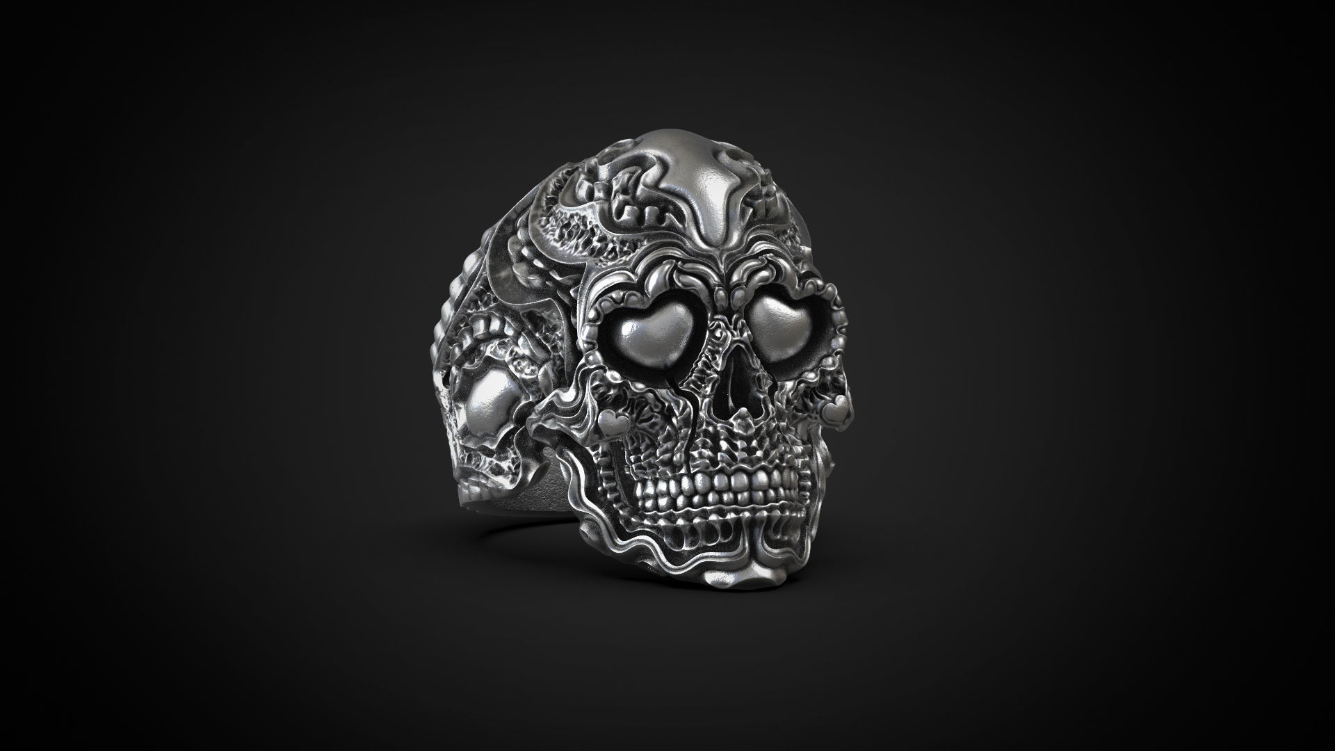 biomechanical ring skull of love 3d model printing jewelry rings ckull mask jewellery jewelri biker woman man skullring wedding silver biomechanics fashion 3D print model - Mito3D