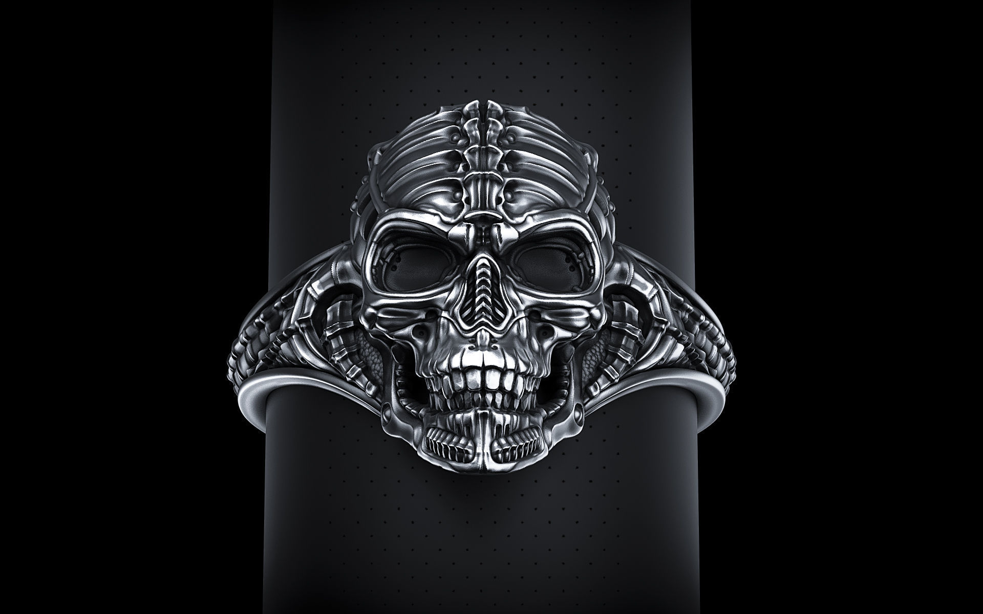 biomeccanico cranio squillare silenziatore osso arte argento testa scheletro gioielleria stampabile giger spazio alieno anelli 3D print model - Mito3D