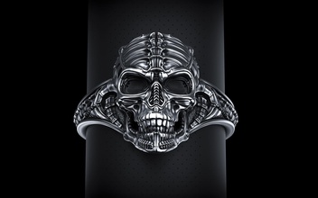 biomechanical skull ring silencer bone art silver head skeleton jewelry printable giger space alien rings 3d print model - Mito3D