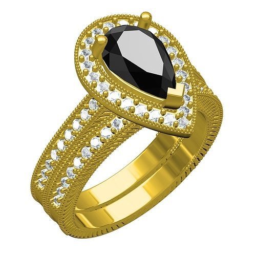 black pear halo filigree engagement ring band gold precious gem jewelry diamond jewel silver printable 3d cad design customize rings 3D print model - Mito3D