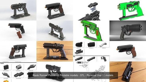 blade runner pistols - 2 printable models stl personal use toy craft diy gun cannon cosplay video game agent k deckard rick replicant pistol weapon blaser games toys 3d print model - Mito3D