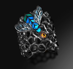 blue bee enamel ring jewel geometry honey neon cuckoo bees honeycombs silver black gold sterling youth wild nature thyreus nitidulus jewelry rings 3d print model - Mito3D