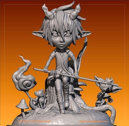 mavi şeytan kovucu durulamak taşımak kuro ukobach iblis ruh kedi mantar ağaç güdük anime Japonca fanart Sanat zbrush heykelcik cadılar bayramı heykeller 3D print model - Mito3D