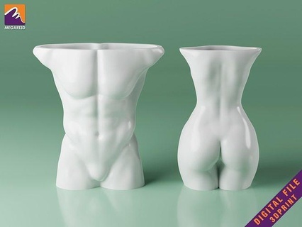 body flower pot - 2 pots plant holder home decoration female muscle male penholder vase house decor 3d print model - Mito3D