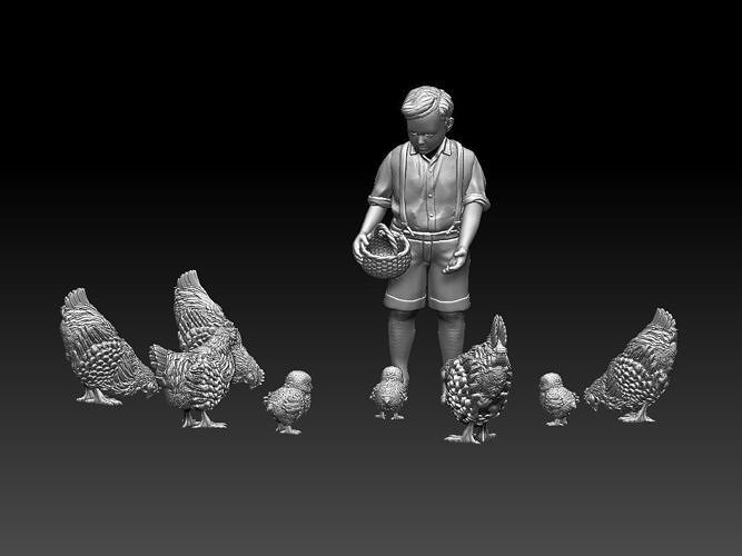 ragazzo pollo pulcino gallina Gallo azienda agricola villaggio contadino diorama uomo bestiame Stampa scultura arte sculture cortile 3D print model - Mito3D