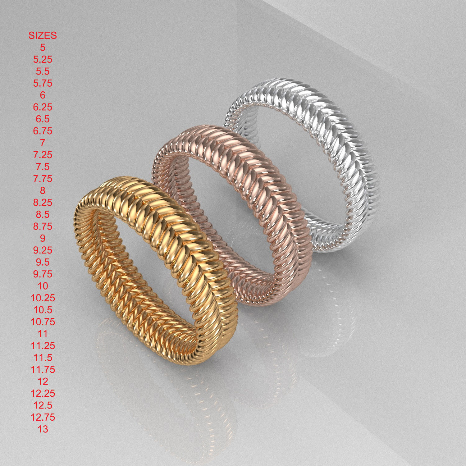 anillo trenzado 33 tamaños de envase la cuerda joyería moda oro plata brillante lujo boda trigo pack ringpack el platino los anillos 3D print model - Mito3D