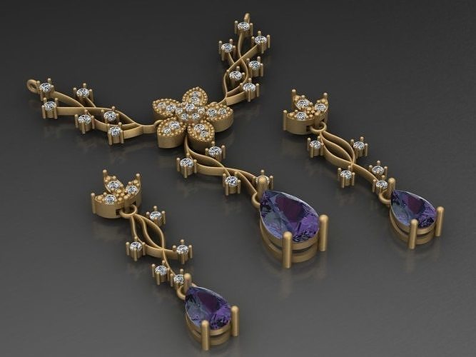 ramo fiore metà impostato orecchini oro stampabile collana gioiello gemma gioielleria orecchino diamante pendente sterlina mezzo set mobilia brillante collane 3D print model - Mito3D