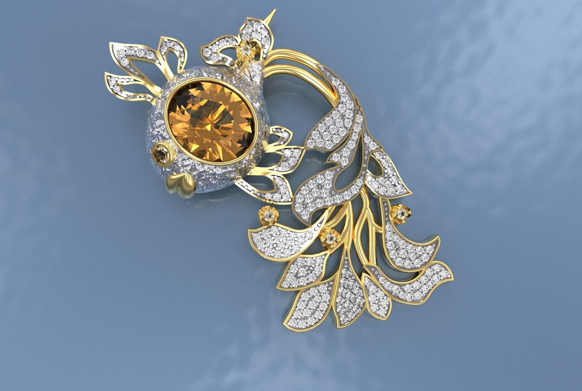 brooch gold fish gems jewelry decoration illustration printable silver topaz saphir rubin diamond brooches 3D print model - Mito3D