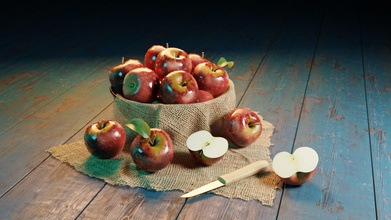 seau rempli pommes texture couteau bureau tailladé tissu tomber fruit table santé art 3d print model - Mito3D