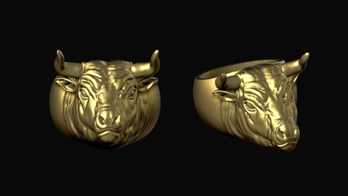 toro cabeza anillo vaca animal mamífero ox tauro corrida joyería joya accesorios oro plata imprimible moda libra esterlina roca cuerno anillos 3d print model - Mito3D