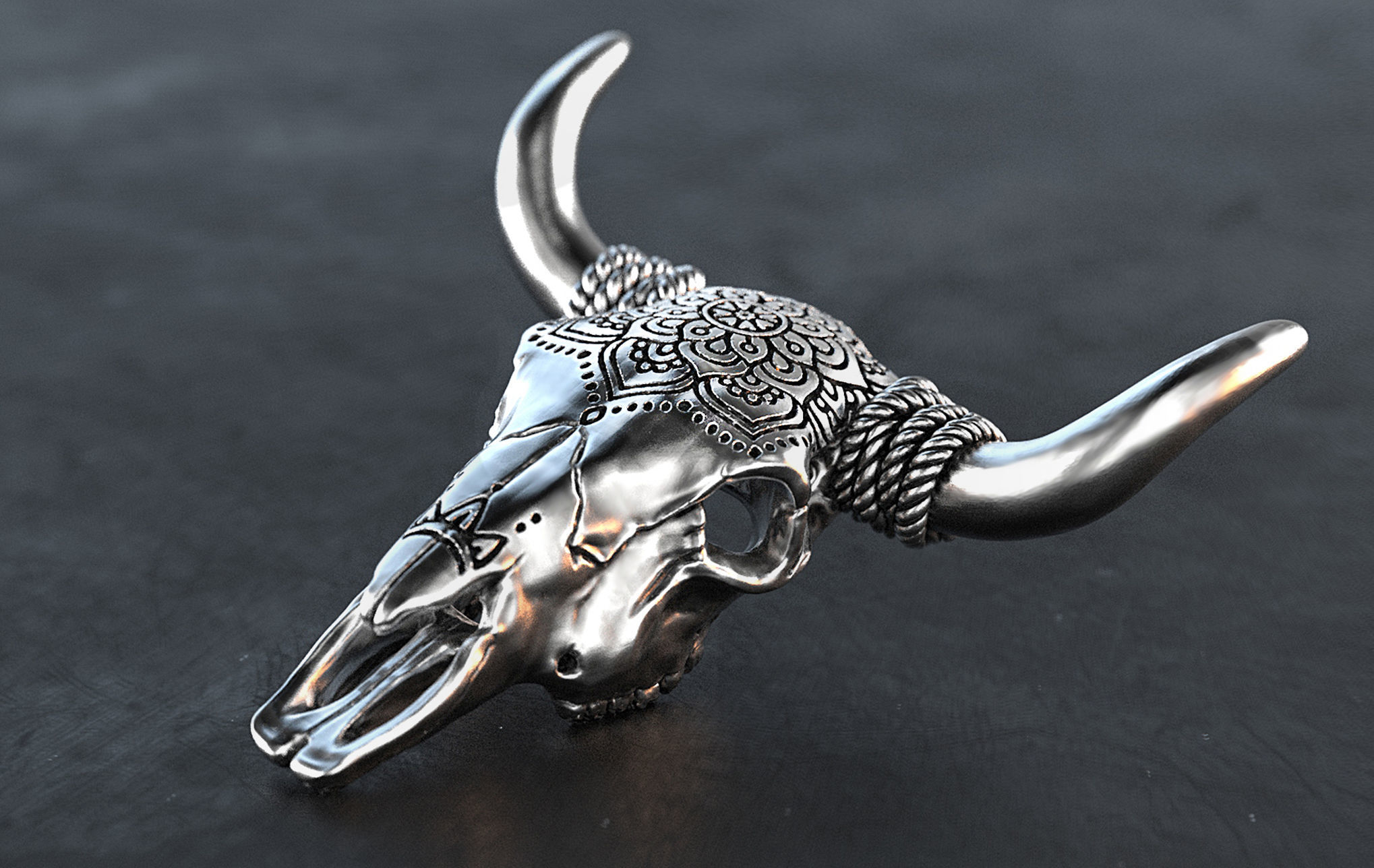 bull skull mandala cow bone bolo tie boho pendant ring jewelry silver gold sculpture texas animal anatomy buddhism country western veprin pendants 3D print model - Mito3D