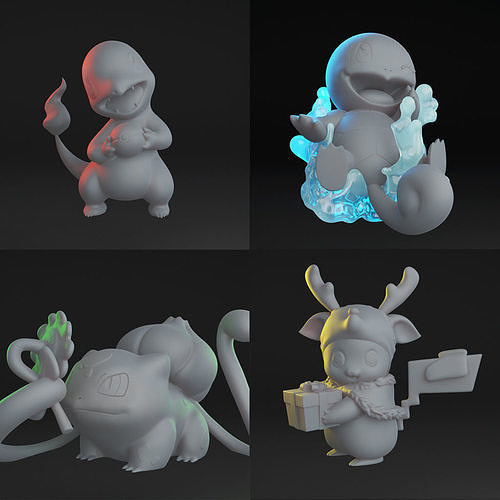 bündeln anlasser pokémon pack pikachu spritzen bulbasaur charmander nintendo skulptur kunst scannt repliken 3D print model - Mito3D