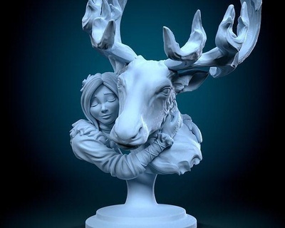 bust avery rohan snow composition girl deer reindeer cute diorama tabletop art sculptures 3d print model - Mito3D