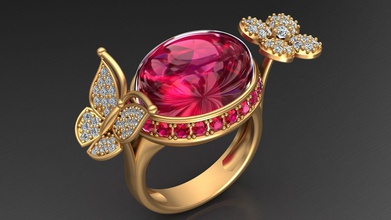 mariposa de la flor oro diamante rubí anillo joyería el cabujón oval moda personas humanos imprimible ruby compromiso boda joya animal planta los anillos 3d print model - Mito3D